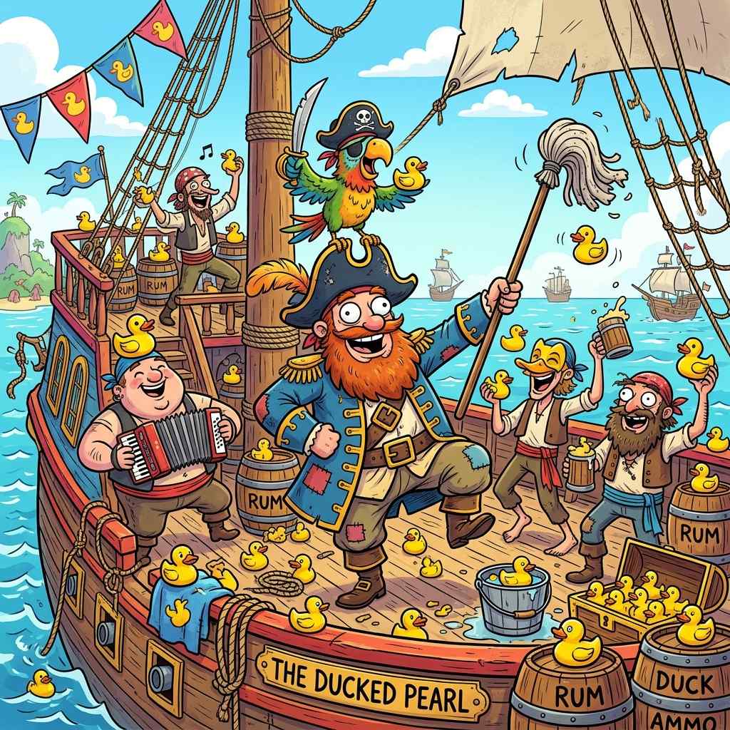 Funny pirate ship floating on calm waters