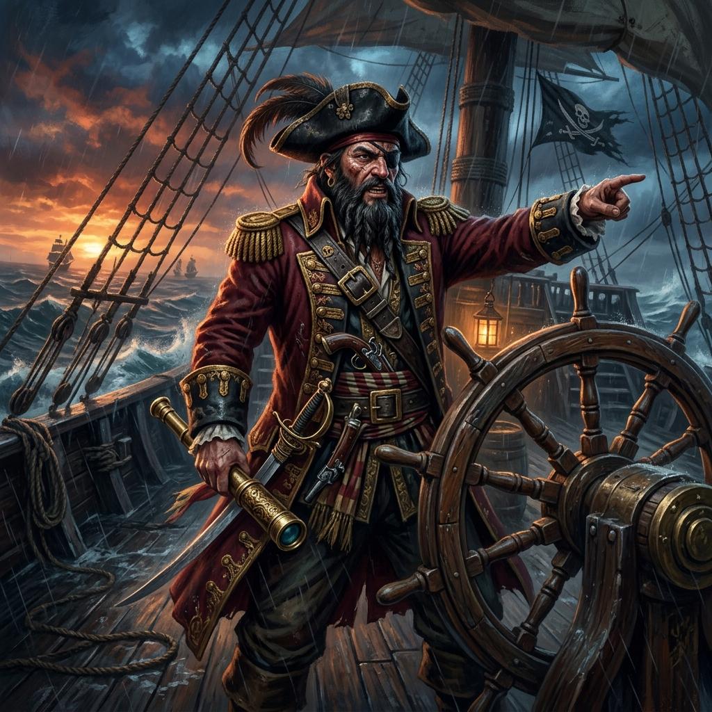 Illustration of a pirate captain commanding his flagship during naval combat