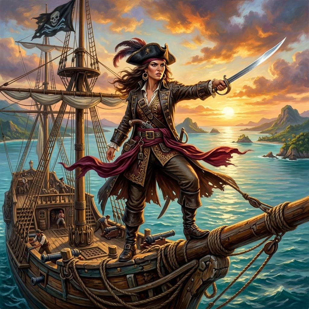 Illustration of a female pirate captain commanding her flagship