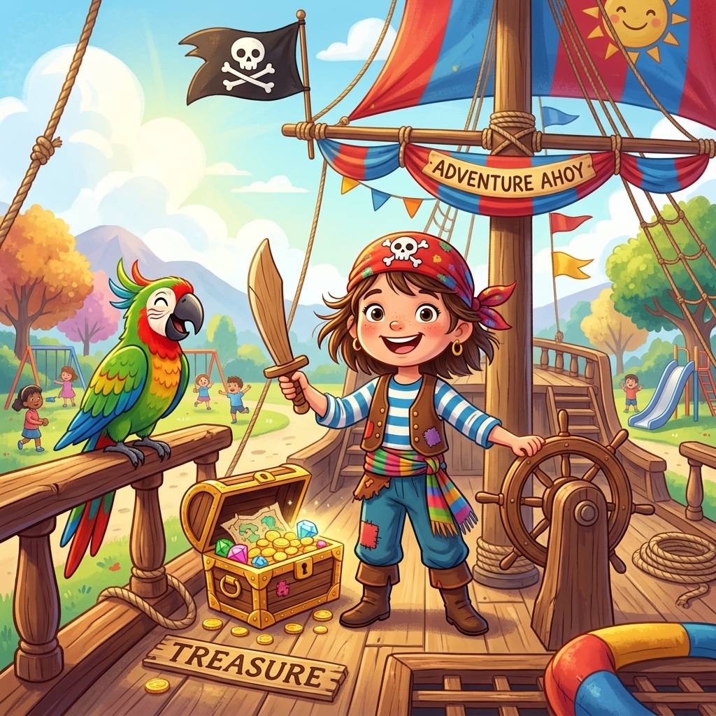 Kid pirate captain at play on a playground galleon deck next to a parrot