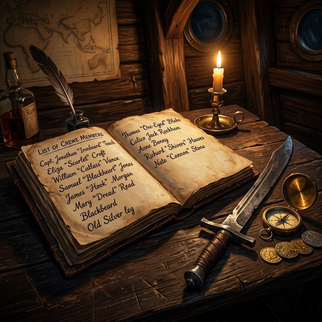 Vintage captain ledger showing handwritten outlaw surnames next to a cutlass